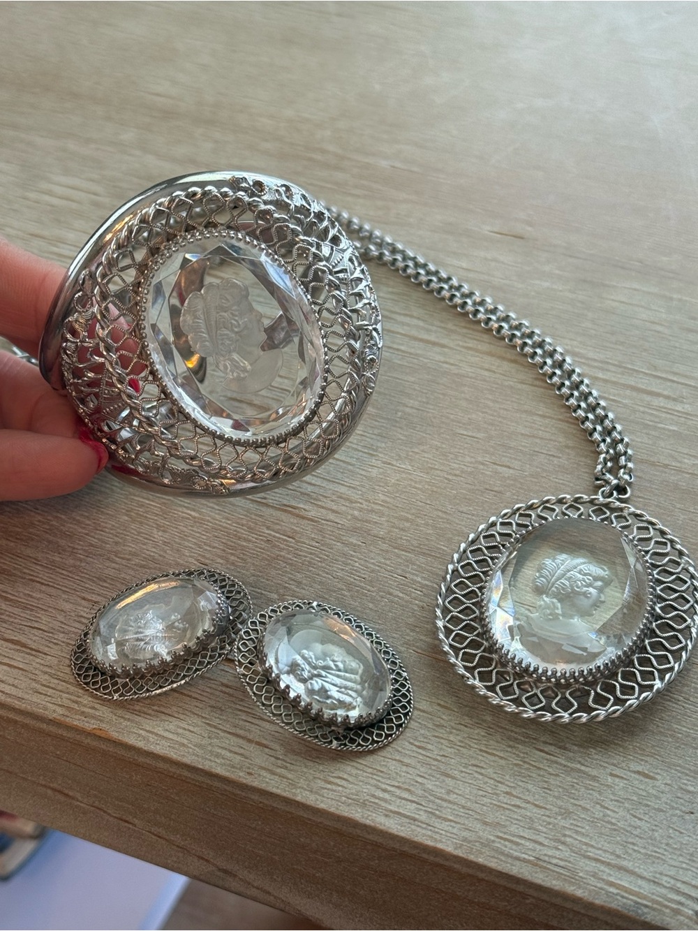 Whiting & Davis Crystal Cameo Necklace Bracelet Earrings Set Vintage Silver